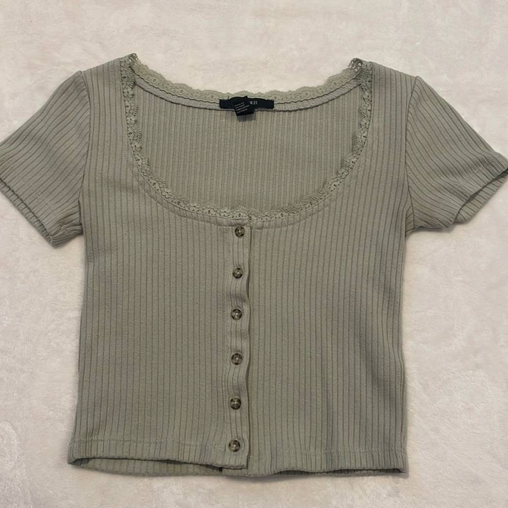Green Shirt, Lace edge, Button up, Forever 21